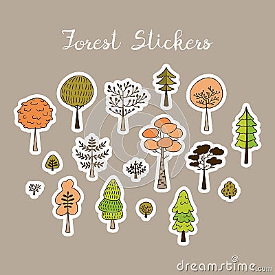 Forest trees vector stickers. botanic elements for labels and tags design Vector Illustration