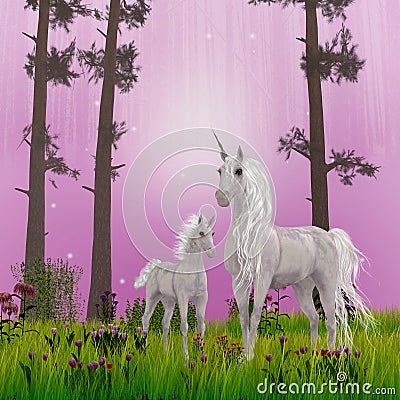 Forest Unicorn Dreams with Pine Forest Background Stock Photo