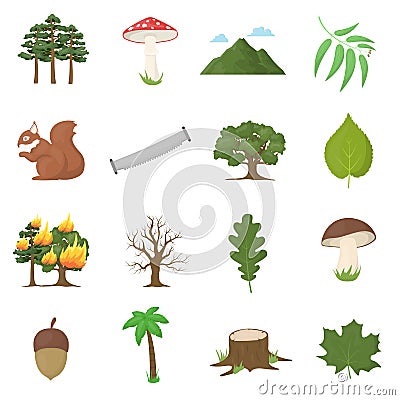 Forest 16 vector icons set in cartoon style. Vector Illustration