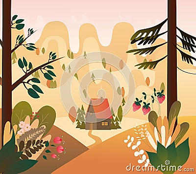 Vector illusrtation of Mountain forest valley in warm colours Vector Illustration