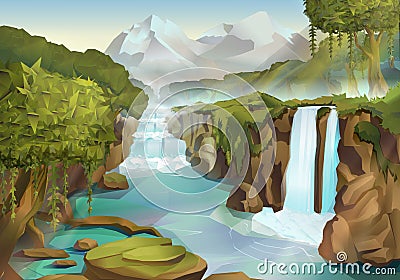 Forest and waterfall landscape Vector Illustration