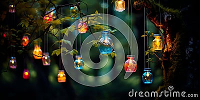 A forest where trees have roots from light tides, and lanterns hang among the branches.Generative AI Stock Photo