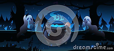 Forest with witch cauldron and ghosts at night Vector Illustration