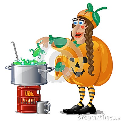 Forest witch in costume Jack-o-lantern brews magic potion frogs on white background. Sketch for poster or card Vector Illustration