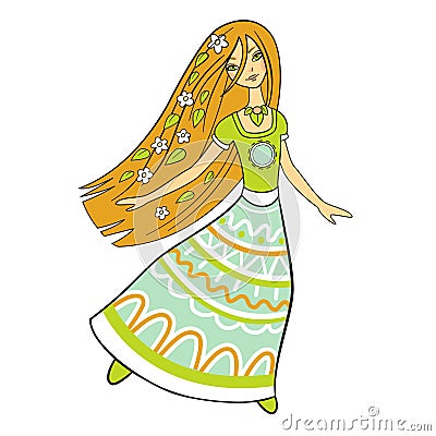 Forest woman dancing in a long dress, isolated vector. Beautiful image of nature. Hippie girl Stock Photo