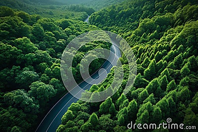 Forested landscape unfolds beneath as a sinuous road curves gracefully Stock Photo