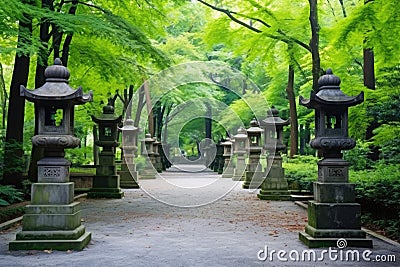 forested museum garden walkway marked by a series of stone lanterns Stock Photo