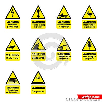 Forestry hazard signs icon set of color types. Isolated vector sign symbols. Icon pack Stock Photo