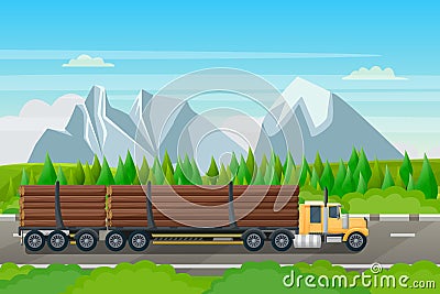 Forestry transportation industry, vector flat illustration. Logging truck with wood timber rides on forest road Vector Illustration