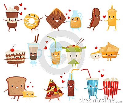 Forever friends set, cute funny food and drinks cartoon characters, fast food menu vector Illustration on a white Vector Illustration