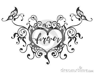 Forever hand drawn lettering in heart frame with butterfly, vector illustration Vector Illustration