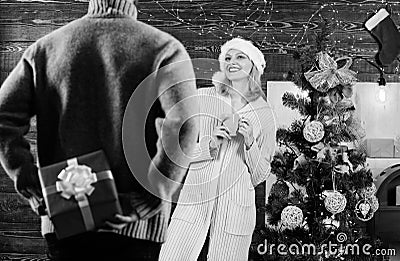 Forever yours. couple in love drink milk. Time for presents. celebrate christmas together. winter season. cozy evening Stock Photo