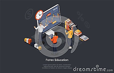 Forex Business Education, Prediction And Trading Skills Concept Design. Vector Illustration In Cartoon 3D Style On Dark Vector Illustration