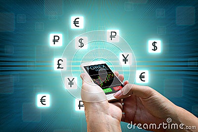 Forex concept, Businessman holding smart phone and currency icon Stock Photo