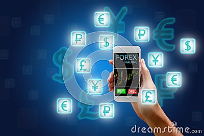 Forex concept, stock market, Woman holding smart phone and currency icon. Stock Photo