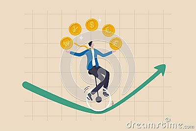Forex, foreign exchange trading, invest in currency price or country economic speculation concept, businessman expert juggling Vector Illustration