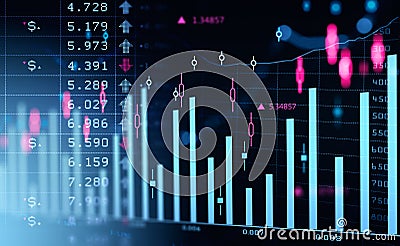 Forex graph lines and bars with candlesticks and numbers Stock Photo