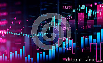 Forex graph lines and bars with candlesticks and numbers Stock Photo