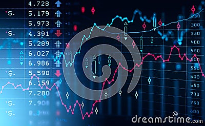 Forex graph lines and bars with candlesticks and numbers Stock Photo