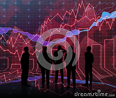 Forex graph room in red with people siluet Stock Photo
