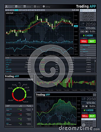 Forex market app vector interface with business financial market charts and global economics data graphs Vector Illustration