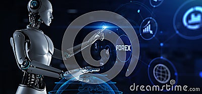 Forex robot trading automation concept. Robot pressing button on screen 3d render Editorial Stock Photo