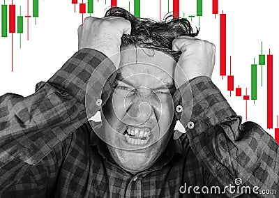 Forex and stocks market trading stress and risk - crazy stressed and desperate amateur trader man and investor blowing money out Stock Photo