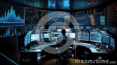 Forex trader sitting in front of many screens created with Generative AI Stock Photo