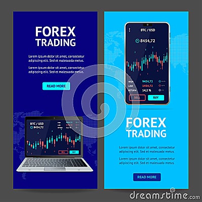 Forex Trading Banner Vertical Set with Realistic Detailed 3d Mobile Phone and Laptop. Vector Vector Illustration