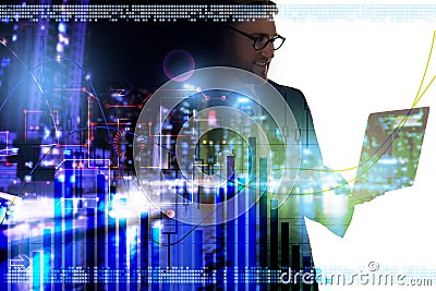 Forex trading. Charts with schemes against double exposure of man and city Stock Photo