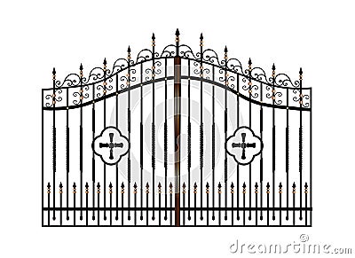 Forged metal gates. Sketch. Victorian style. Artistic forging. Fencing.Doors for the temple, church, Christian cross. Entrance Vector Illustration
