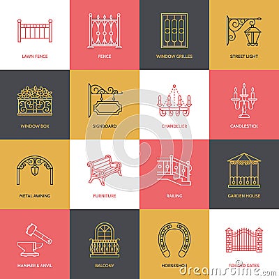 Forged metal products, artistic forging vector line icons. Blacksmith elements, wrought window fence, gate, railing Vector Illustration