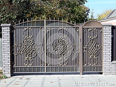 Forged metallic gate with a gate in a fence Stock Photo