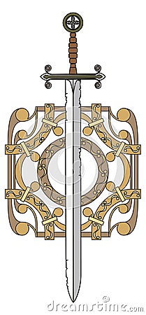 Forged sword and shield. Knight's sign. Color illustration. Vector Illustration