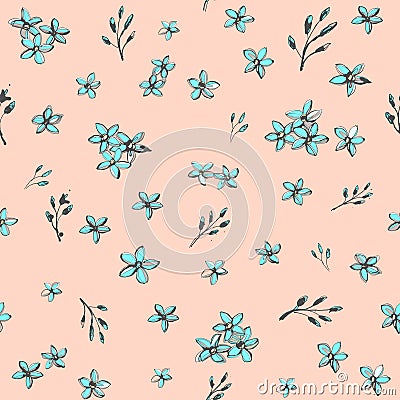 Forget-me-not blue flowers bouquets seamless hand drawn pattern Cartoon Illustration