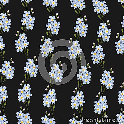 Forget me not - seamless pattern. Blue spring flowers with yellow center on white background. Stock Photo