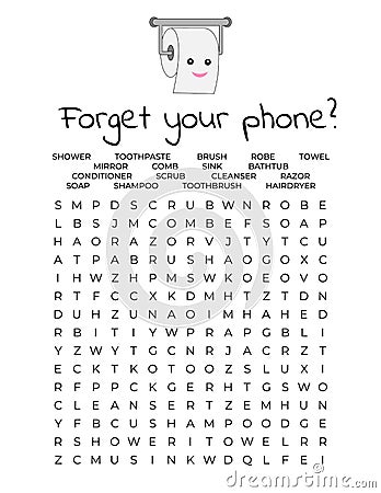 Forget your phone Funny restroom poster. Bathroom word search puzzle. Toilet humor. Home wall decor print. Vector illustration Vector Illustration