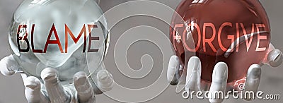 Forgive and blame in a balanced life - pictured as words forgive,blame in hands to show that blame and forgive should stay in Cartoon Illustration