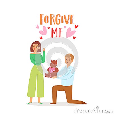 Forgive me concept with young couple, angry woman after quarrel looking with frustrated look and man asking forgiveness Vector Illustration