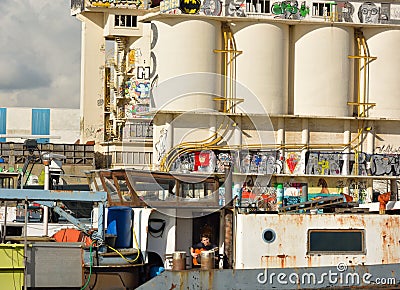 The forgotten harbor in Ghent, Abandoned factory Editorial Stock Photo