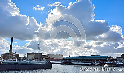The forgotten harbor in Ghent, living boats and factories Editorial Stock Photo