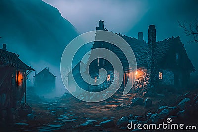 A forgotten mystical village engulfed in fog.Generative AI Stock Photo