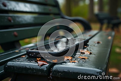 Forgotten smartphone on park bench, a story of a lost connection Stock Photo