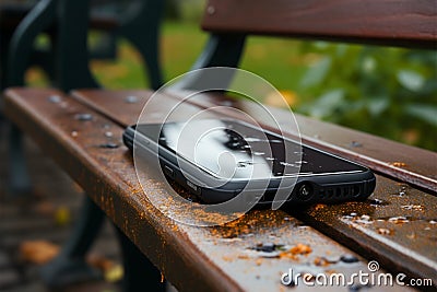 Forgotten smartphone on park bench, a story of a lost connection Stock Photo