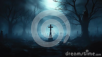 Forgotten Souls Abandoned Spooky Cemetery with Old Celtic Cross Gravestone on Dark Misty Night. created with Generative AI Stock Photo