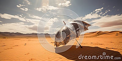 A forgotten umbrella in the midst of a desert, being the only shield against the relentless sun , concept of Isolated Stock Photo