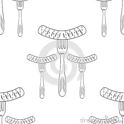 Fork with grilled sausage, seamless, closeup Vector Illustration