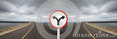 Fork junction sign with crossroads spliting in two way Stock Photo