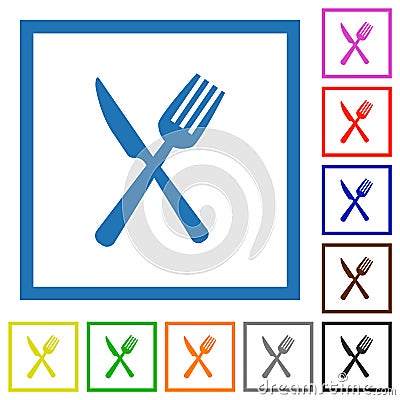 Fork and knife in crossed position flat framed icons Vector Illustration