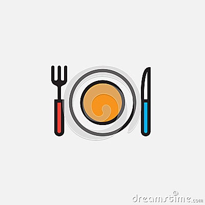 Fork, knife and dish icon, outline vector logo illustration, filled color linear pictogram isolated on white. Vector Illustration
